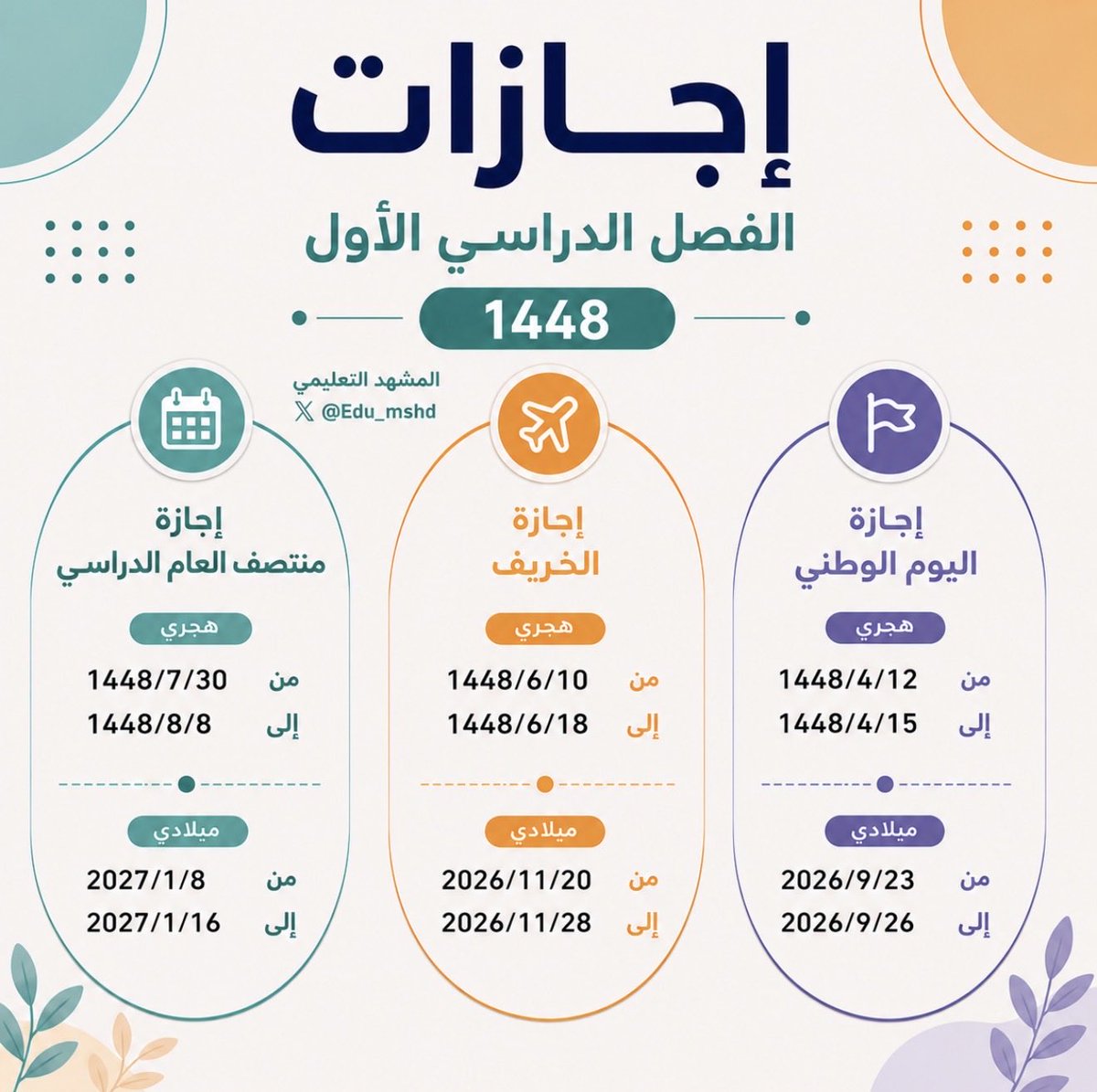 Edu_mshd's tweet photo. 🚨🚨🚨🚨🚨🚨🚨🚨🚨🚨

احفظ المواعيد وارجع لها عند الحاجة

لترتيب مناسباتكم … بإذن الله 
اجازات الفصل الدراسي الأول ١٤٤٨ هـ

#التقويم_الدراسي https://t.co/1dpEHILCRm