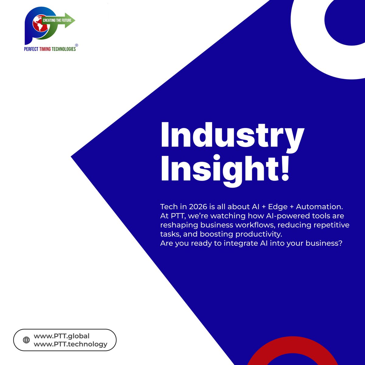 PTTWorld2000's tweet photo. Industry Insight

AI, Edge Computing, and Automation are shaping the future of business. Organizations that embrace these technologies today will lead tomorrow.

Is your business ready?

#PTT #AI #Automation #DigitalTransformation #Innovation #PerfectTimingTechnologies https://t.co/PdLGNzc5tR
