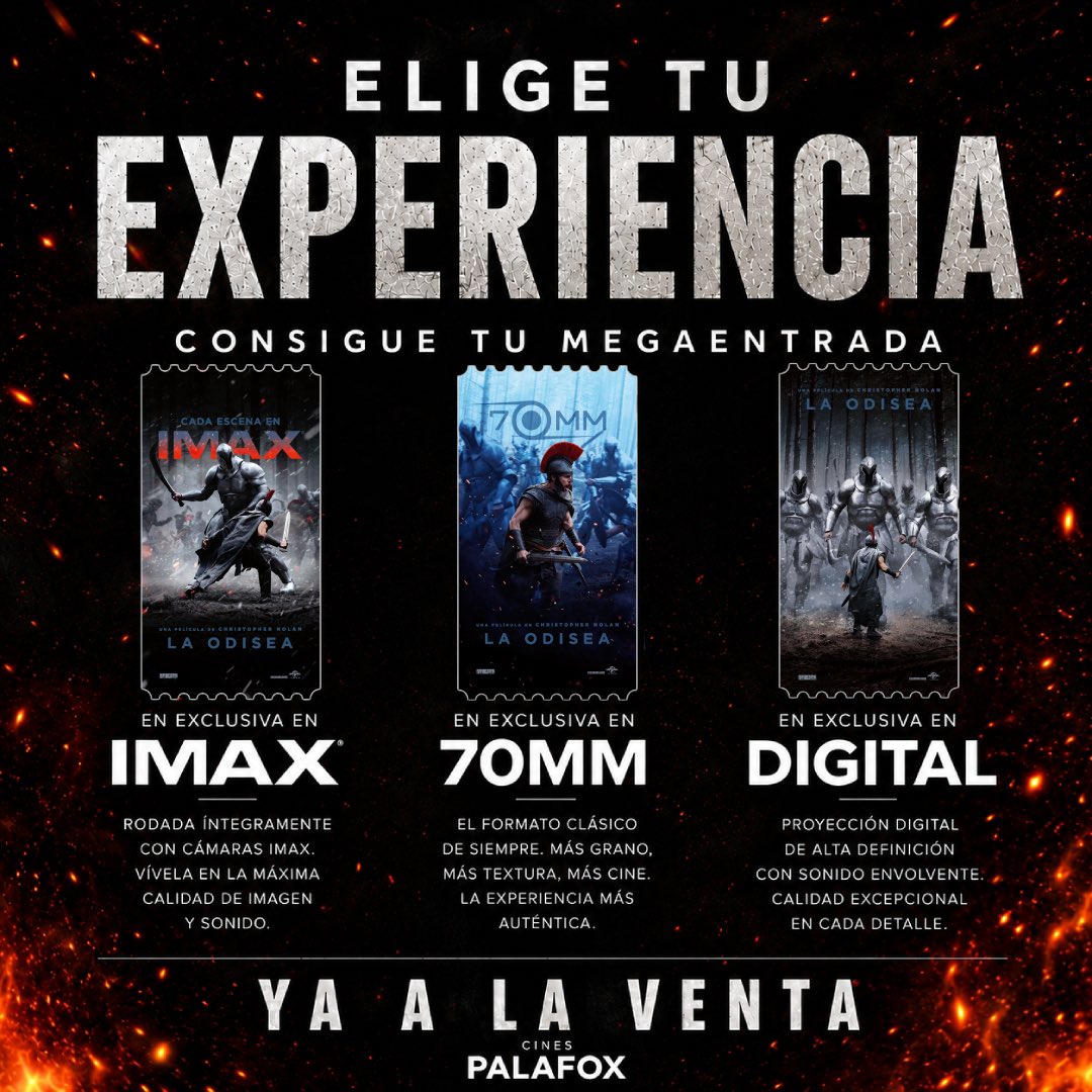 cinespalafox's tweet photo. Consigue tu Megaentrada de La Odisea.

Elige tu experiencia, vive La Odisea en Cines Palafox y Aragonia.
No te quedes sin tu entrada.

IMAX, 70mm, digital. Único cine en España con todos los formatos disponibles.

https://t.co/fgf07wRbdm https://t.co/6e7M6pARG8