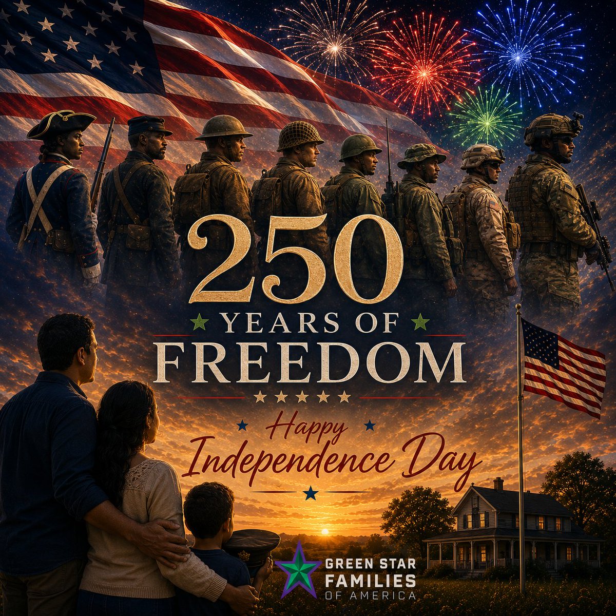 GreenStarFamily's tweet photo. Every firework we watch this weekend is possible because someone stood watch before us.

For 250 years, Americans have defended this nation. Some made the ultimate sacrifice. Others came home carrying wounds that weren't always visible. Every one answered the same call.

This Independence Day, we honor all who served, remember those we've lost, and stand beside the families who carry their legacy.

Freedom has always had a price. May we never forget those who paid it.

Happy Independence Day from Green Star Families.

#July4th #America250 #Veterans #MilitaryFamilies #GreenStarFamilies