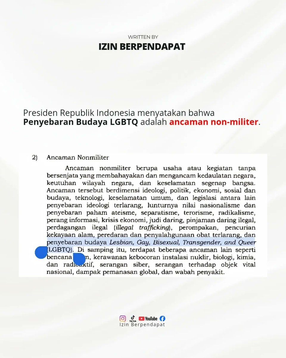 99propaganda's tweet photo. Wah bener banget nih kata Presiden Prabowo‼️

Penyebaran budaya LGBT itu emang ancaman non-militer yang bahaya buat Indonesia. Bukan soal perang senjata, tapi bisa rusak nilai keluarga, moral generasi muda, dan masa depan bangsa kita. Kita harus waspada dan jaga bareng nilai-nilai luhur Indonesia.