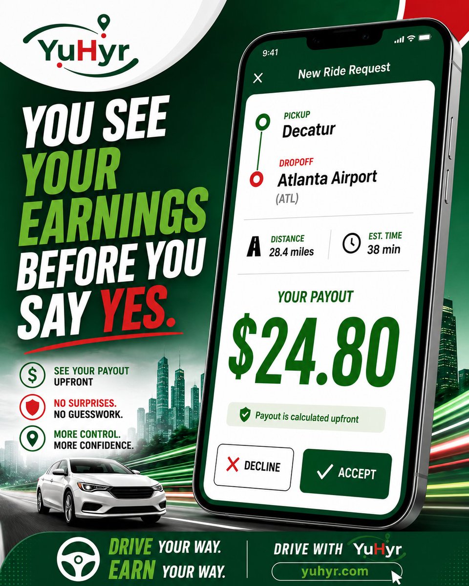 getyuhyr's tweet photo. Drivers see their full payout BEFORE they accept the ride.
Not after. Not "approximately." Exactly. 🟢
Apply (especially Athens, Macon, Augusta, Columbus, Savannah): https://t.co/nLw78gPIIj https://t.co/8uWWpVj9Qi