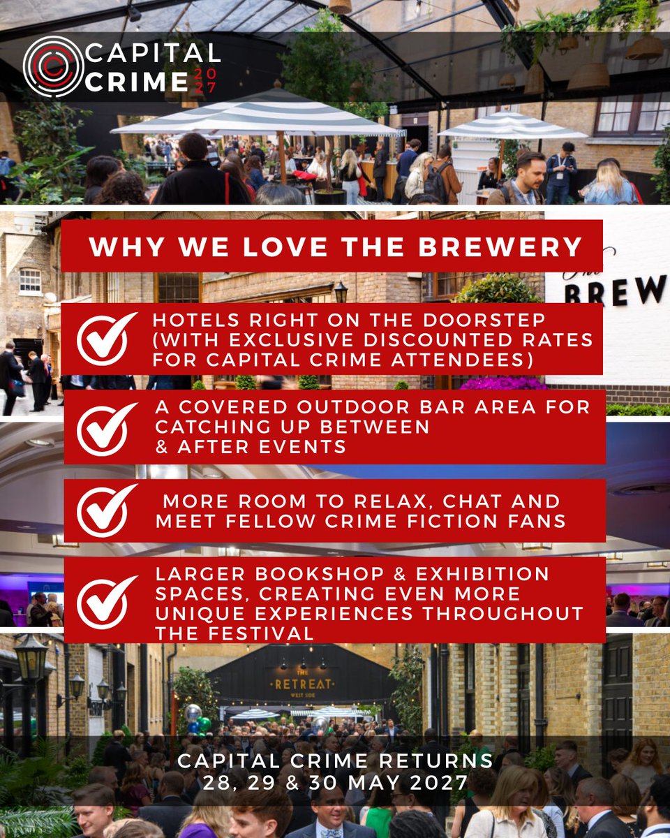 CapitalCrime1's tweet photo. More space for events, more places to meet your fellow #crimefiction fans, and a lovely covered outdoor bar (just in case there’s another heatwave 😉).

Here’s why our new venue for Capital Crime 2027 promises to help make it our best festival yet! https://t.co/29AMCKdAuM
