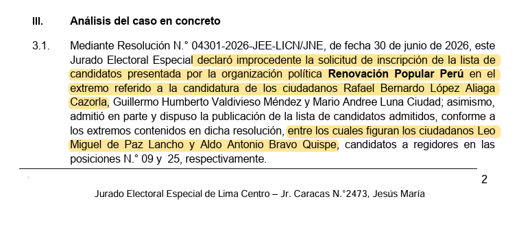 DanielSaC007's tweet photo. #LOULTIMO
En una nueva resolución, el JEE de Lima Centro deja sin efecto las candidaturas de Aldo Bravo y Leo de Paz.
Se reitera que la candidatura de RLA continúa siendo IMPROCEDENTE. https://t.co/TdeCrblrmT