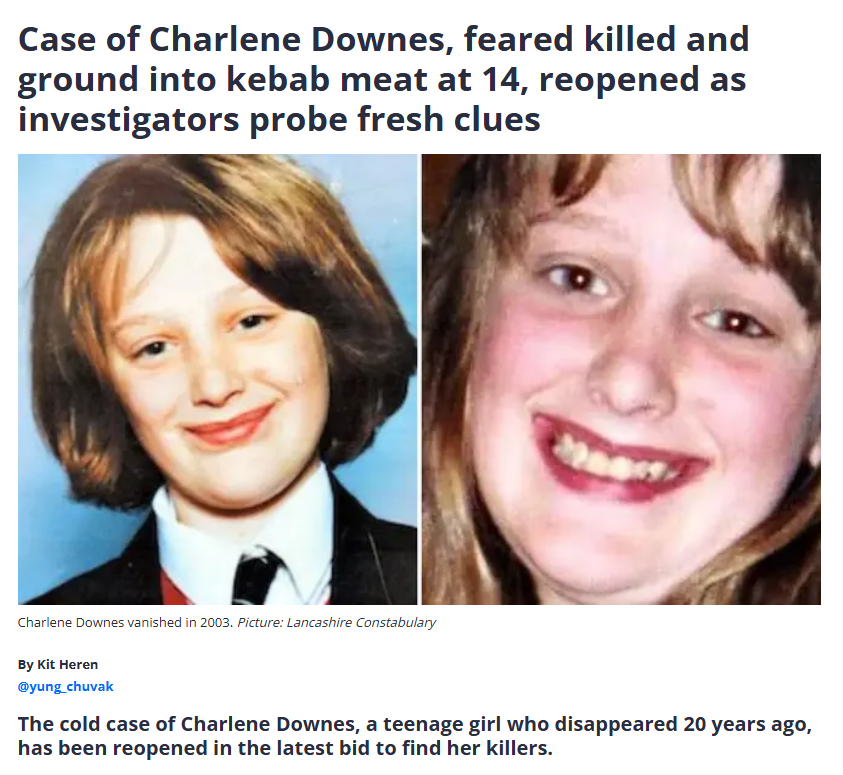 Babygravy9's tweet photo. The trial of the men accused of murdering Charlene Downes collapsed despite an audio recording of one of the accused saying he had turned her into "kebab meat." Her disappearance remains unsolved. https://t.co/hMtx5AoYlm