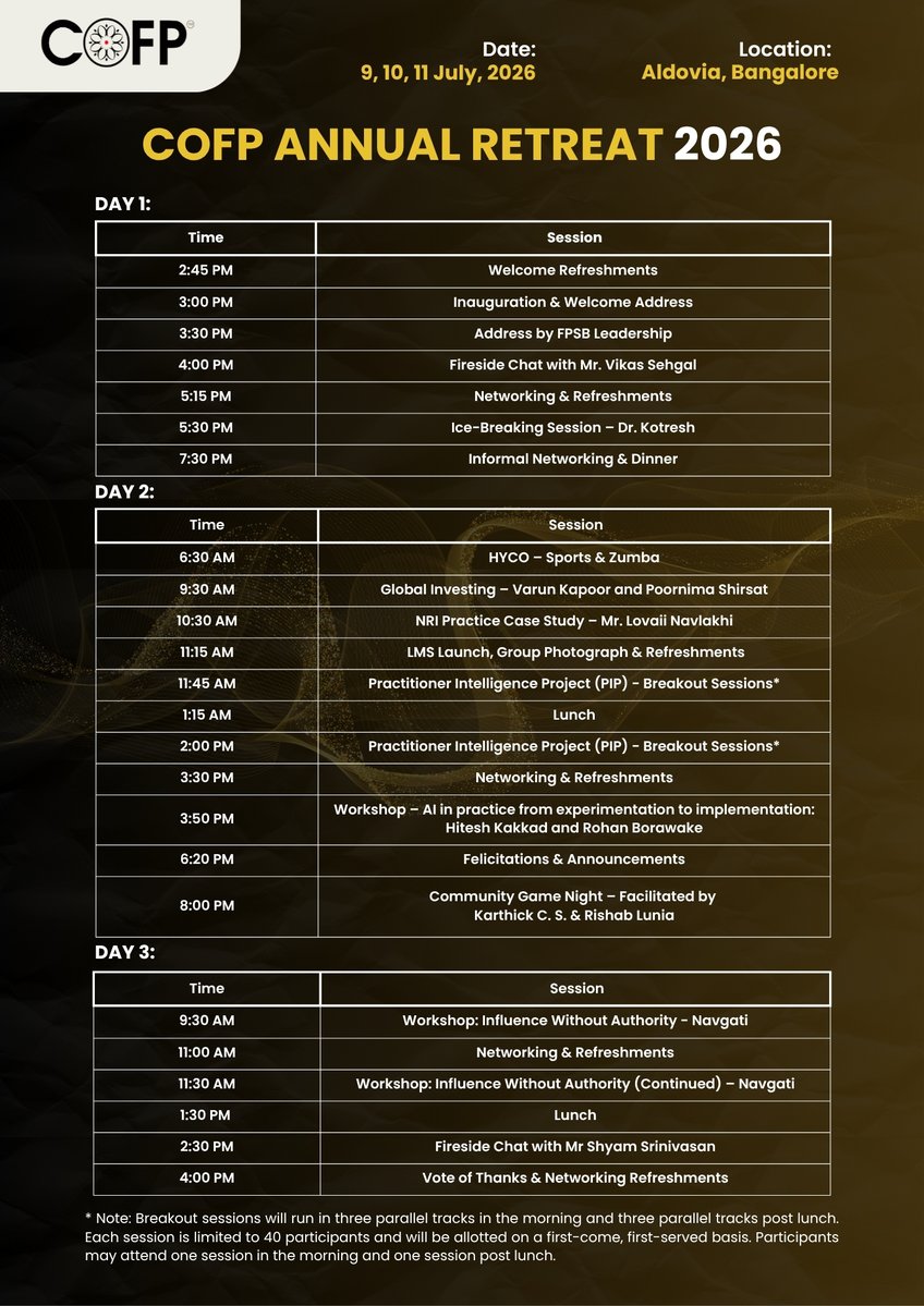 CouncilofFP's tweet photo. The agenda is here, and we’re counting down to an unforgettable COFP Annual Retreat 2026.
From 9–11 July 2026, our community will come together for three days of insightful conversations, practical learning & meaningful networking
#COFPAnnualRetreat2026 #COFP #FinancialPlanning https://t.co/gdNvjPaSwN