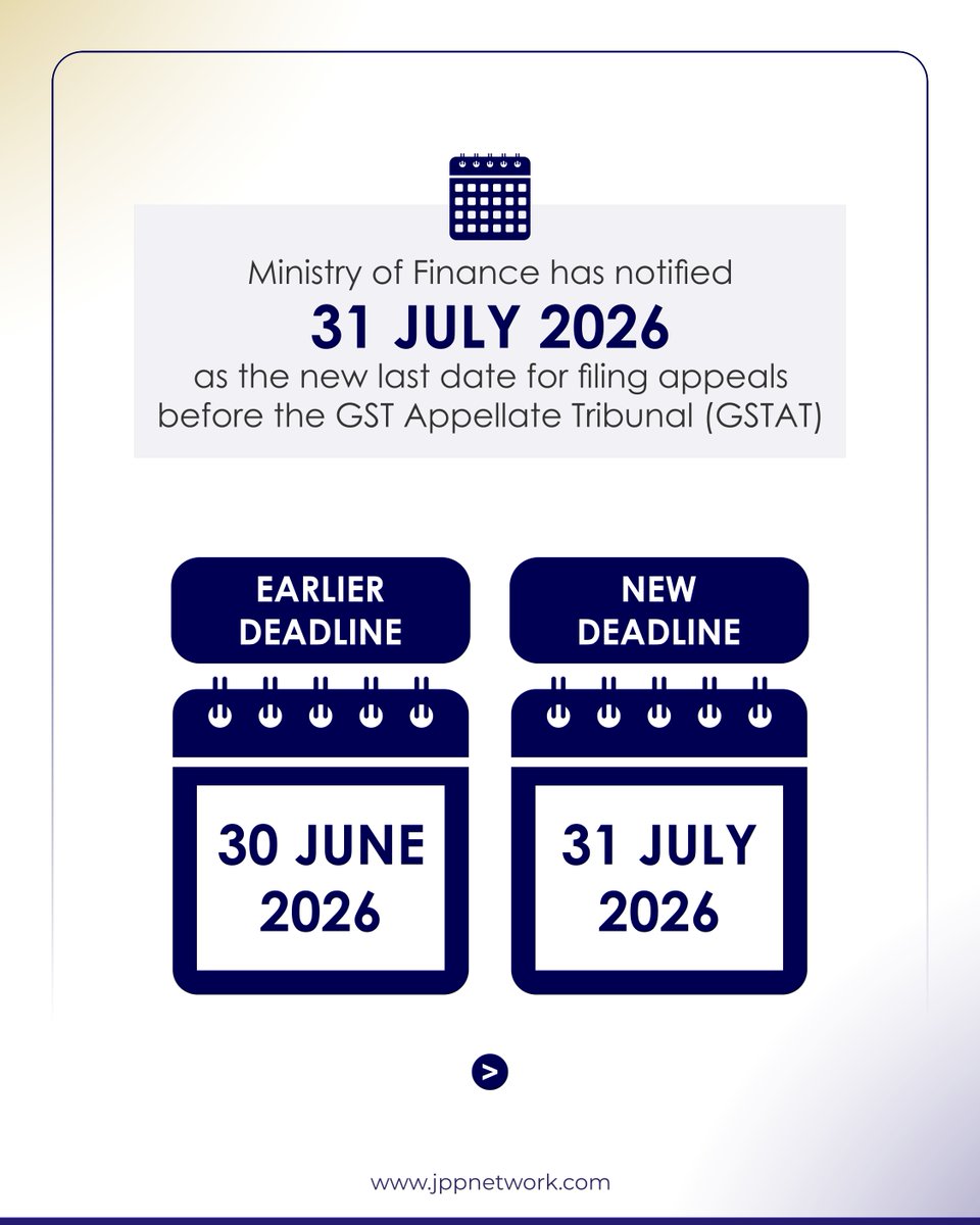 JppNetwork's tweet photo. GSTAT appeal deadline extended to 31 July 2026. The extension is not merely procedural. It reflects the ground reality that GSTAT filings have not gathered the expected momentum, despite the appellate framework now being available. https://t.co/U3AjzHAdJr