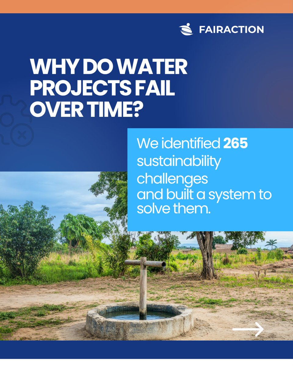 Fairaction_ng's tweet photo. Why do water projects fail over time?

Because most are designed to deliver access, not to sustain it.

Across communities, the same patterns emerge:
systems break down, maintenance is inconsistent, and local ownership is weak.

These are not random failures. They are predictable.

We identified 265 sustainability challenges - real, data-backed factors that determine whether water systems last.

Because sustainability is not one problem.
It’s a system.

And we’ve built one that ensures water doesn’t just flow today, but for years to come.

#WaterSustainability #SDG6 #FairActionNigeria #SustainableImpact