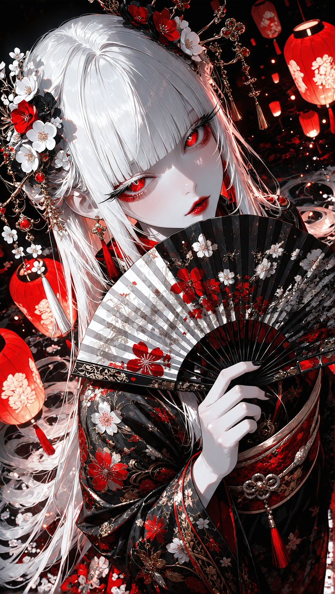 gohant_to's tweet photo. 赤い灯籠、黒扇に咲く夜
白髪と紅い瞳に、花柄の着物が映える一枚。 https://t.co/gFtx14zr5a