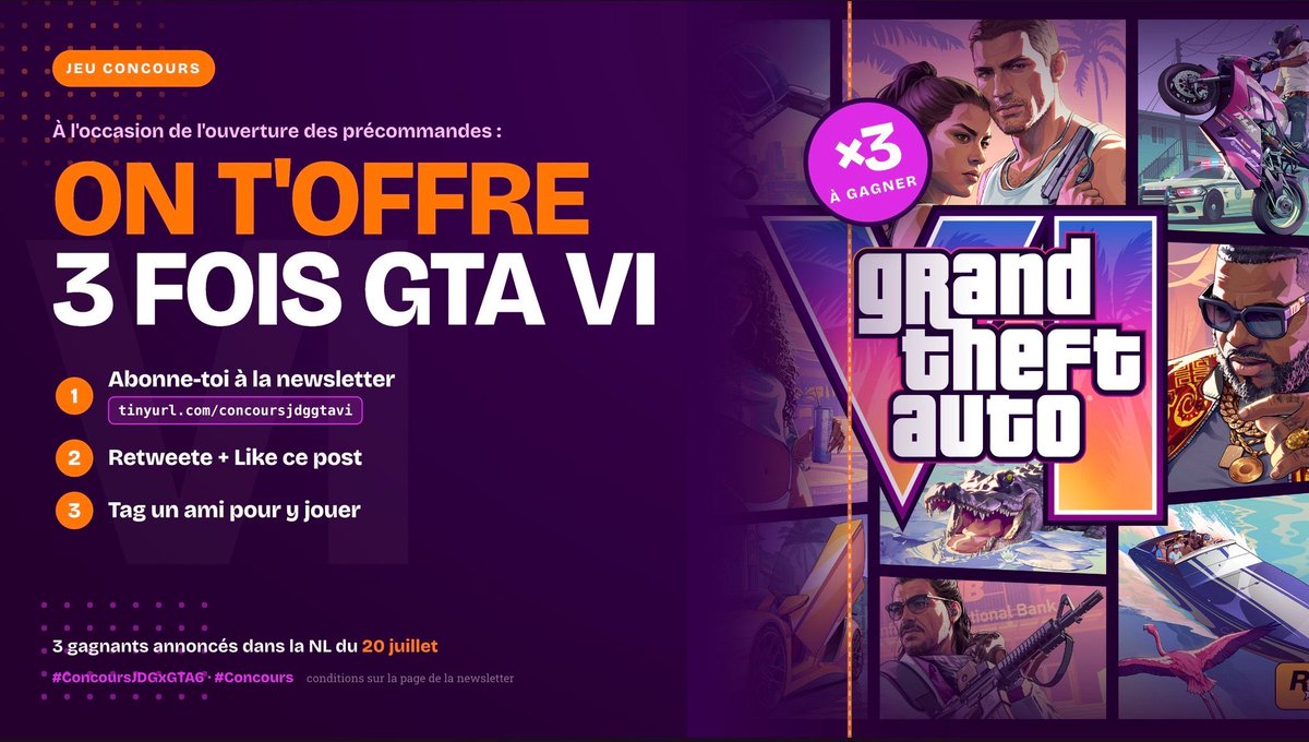 JournalDuGeek's tweet photo. 🎁 CONCOURS GTA VI x JDG 🎁

Gagne 3 x 1 jeu GTA VI 🔥

Pour gagner :
✅ RT + Like
✅ Tag un ami pour y jouer
✅ Abonne-toi à la newsletter 👉🏻 https://t.co/aIOSuLiojK

3 gagnants annoncés dans la newsletter du 20 juillet 🕹️

 #Concours
*conditions sur la page de la NL https://t.co/HwRFsqmPZ4