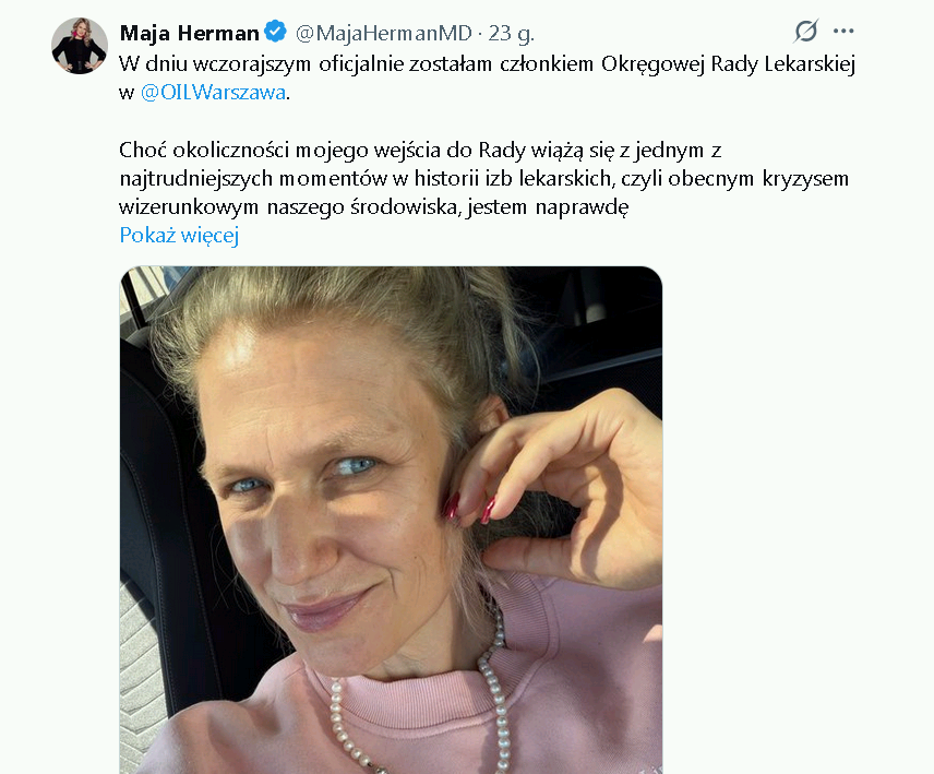 coolfonpl's tweet photo. Do Okręgowej Rady Lekarskiej w Warszawie powołano Maję Herman. Znana jest z tego, że wystawia zaświadczenia na aborcję z "przesłanki psychiatrycznej".
Znana też z tego, że była skazana za podrobienie opinii biegłego. 

Będzie zwalczać kryzys wizerunkowy środowiska lekarskiego.🙃 https://t.co/794pDbqOjL
