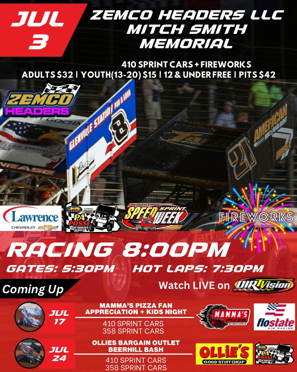 WilliamsGrove's tweet photo. 𝐈𝐭’𝐬 𝐑𝐚𝐜𝐞𝐝𝐚𝐲 𝐚𝐭 𝐖𝐢𝐥𝐥𝐢𝐚𝐦𝐬 𝐆𝐫𝐨𝐯𝐞!  

The prestigious Zemco Headers, LLC. Mitch Smith Memorial is here featuring the @LawrenceChevy 410 Sprint Cars battling for a $20,000 payday in this single division showdown as @PASpeedWeek rolls into Round #8 at Williams Grove Speedway. We will also have a spectacular fireworks display later in the evening in celebration of America’s 250th Birthday!

💰 The Mitch Smith family has generously added an extra $200 to every non-qualifier in the B-Main, bringing the minimum tow money to $300 for every team that takes the green flag.

☀️ With the extreme heat in the forecast, Beerhill Gal 2026- Caidence Cline along with many of the 2026 Trophy Girls will be handing out complimentary water and juice boxes at all admission gates while supplies last. We encourage everyone to stay hydrated throughout the evening.

⏰ Reminder that tonight’s schedule has been adjusted due to the heat. Gates open at 5:30 PM, with Hot Laps now scheduled for 7:30 PM.

➡️ We’re expecting a great field of cars for one of the biggest races of the week. We look forward to seeing everyone at the track tonight!

Schedule:
🕠 Gates: 5:30PM
🕖 Hot Laps: 7:30PM
🕢 Racing: 8:00PM

Tickets:
🎟️ GA: $32
🎟️ Youth(13-20): $15
🎟️ 12 & Under FREE
🎟️ Pits: $42

Can’t make it to the track? Watch every lap live on @dirtvision 

Follow live all season long on the @MyRacePass App