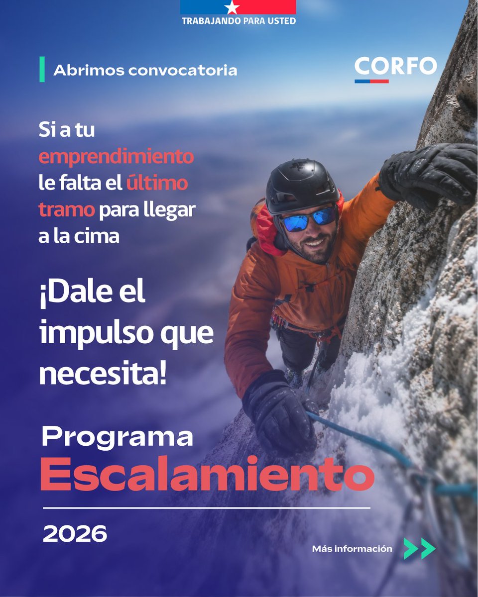 CorfoTarapaca's tweet photo. 📢♻️Escalamiento♻️
Solo falta el último empujón para llegar a la cima 🏔️
Postula al programa Escalamiento para obtener:
• Cofinanciamiento de hasta $60.000.000
• Cubrimos hasta el 70% del costo total del proyecto
Más información 👉 https://t.co/vNRdYZiDur
💪🚀🌎 https://t.co/7Ju8GI6AZj