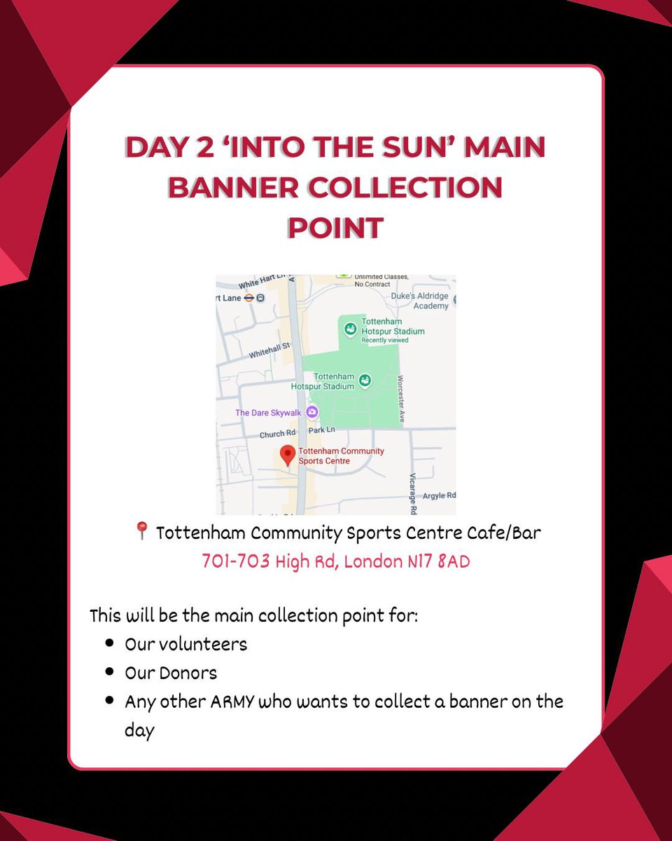 intothesunproj's tweet photo. Our Day 2 ‘Into the Sun’ Banner collection point is officially confirmed!! 

📍 Tottenham Communry Sports Centre Cafe/Bar
701-703 High Road, London N17 8AD

More info in on our instagram post so check it out (Twitter doesn’t allow a lot of words 😭)

#bts #btsarmy #btslondon https://t.co/w4goMD2sO5