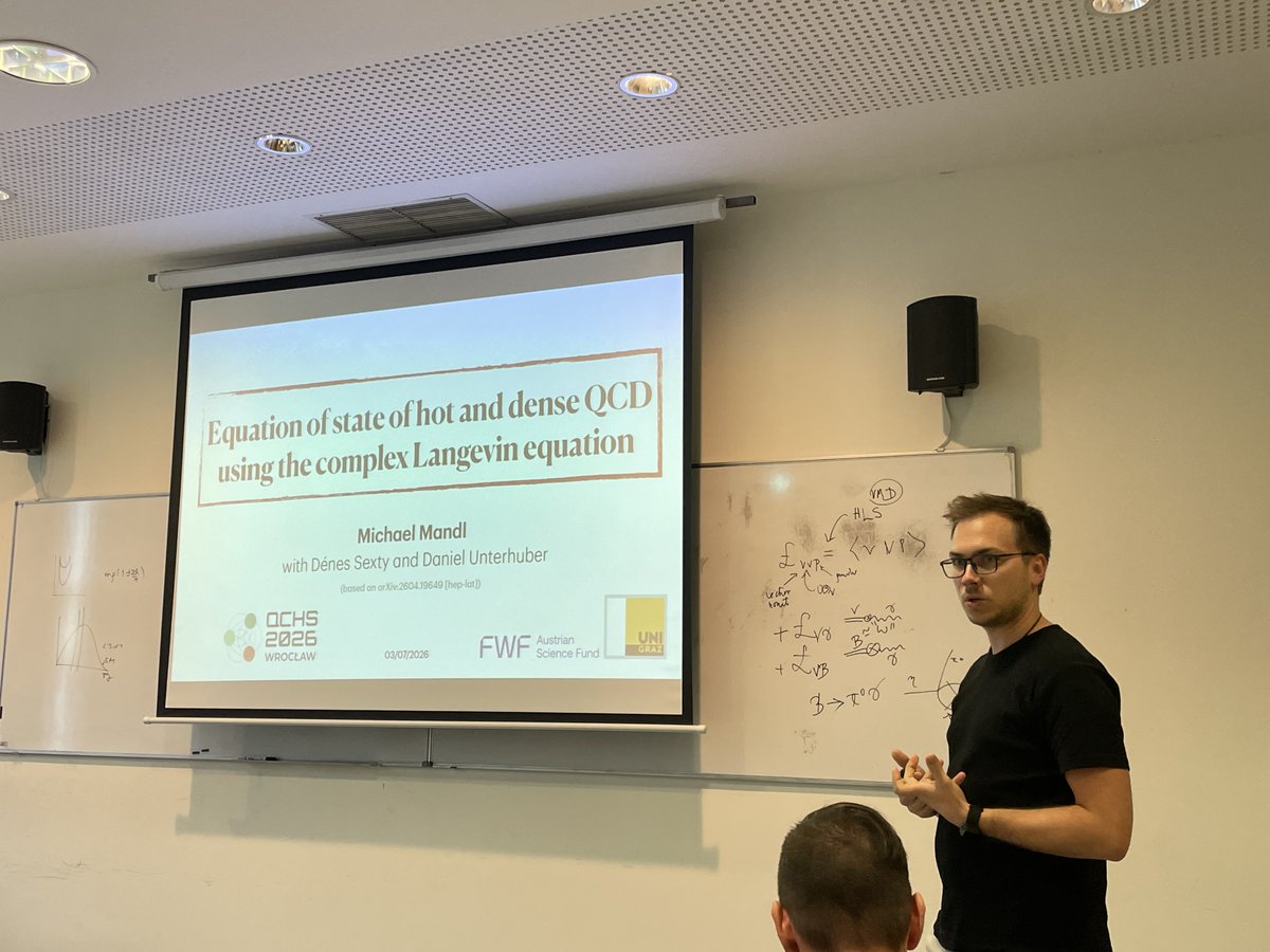 rothkopfAK's tweet photo. Great to see at #ConfXVII @uniwroc progress made in simulating QCD at finite baryo-chemical potential (w/ strong sign problem) on #classical hardware. M. Mandl (@UniGraz) reports on #ComplexLangevin, extending its non-perturbative reach deep into \mu_B at high T. @FWF_at https://t.co/Sq01uEhnXE