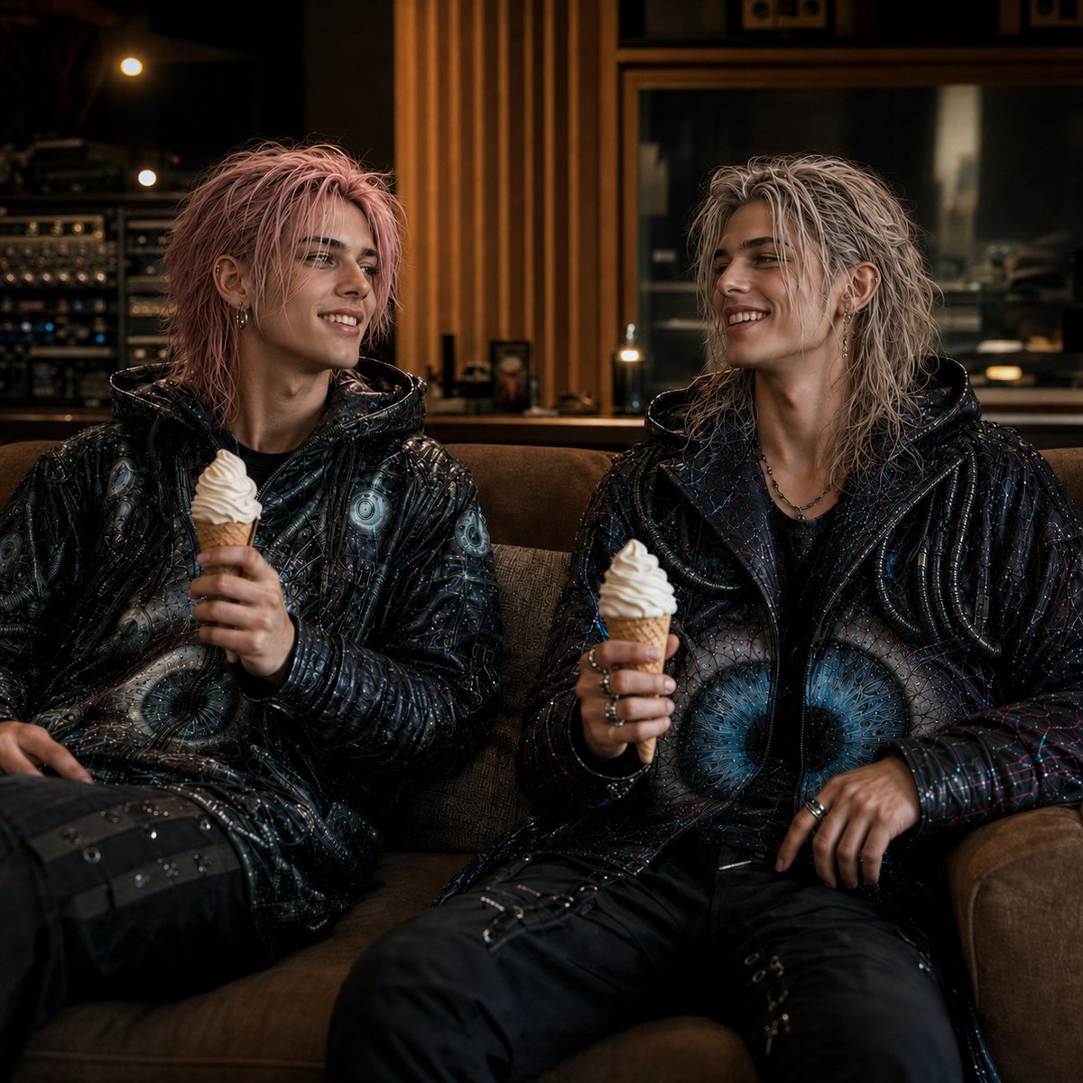 KANADEaimusic's tweet photo. Soft Serve Break — Studio Lounge —
“Apparently, it’s Soft Serve Day.” “Then this break was obviously meant to happen.”
(今日はソフトクリームの日。 甘い休憩くらい、俺たちにも必要でしょ?)
#ソフトクリームの日 #SoftServeDay #ソフトクリーム #StudioBreak #KANADEMIO #AIart #AIイラスト #AIArtwork #CyberGrunge #RockStyle