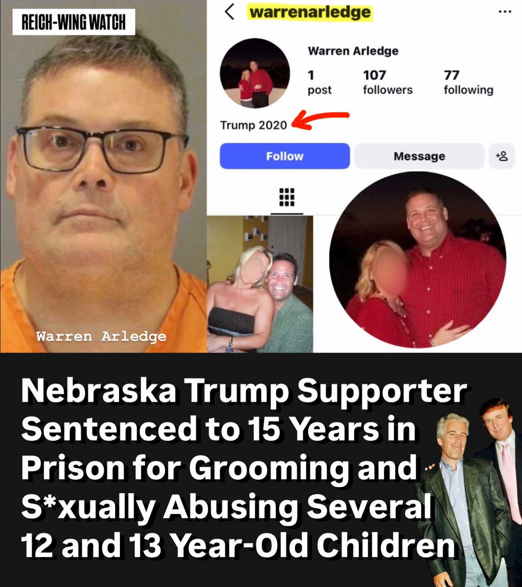 ReichWingWatch's tweet photo. 🚨”Trump 2020” supporter Warren Arledge, 53, was just sentenced to 15 years in prison after a jury convicted on 2 counts of third-degree s*xual assault on a child and 3 counts of intentional child abuse.

Prosecutors said he groomed several children aged 12 and 13.

Arledge — who’s Instagram bio simply stated “Trump 2020” — didn’t hesitate to portray himself as the victim: “I’m ashamed. I can’t even — I don’t even go walk out my neighborhood anymore for fear somebody is going to recognize me. I’ve had people online on the sheriff’s website posting my address,” Arledge said.

Judge Todd Engleman didn’t hold back: he told the courtroom he’d have given Arledge more time if the law allowed it. Calling Arledge’s behavior “classic grooming,” Engleman said it would have escalated further.

“You have zero remorse for what you’ve done to these girls, their families, your family. I have empathy for your family. But I also have a job to do. These girls didn’t lie,” Engleman said.

Arledge’s attorney asked for probation, arguing a presentence report flagging him as high risk to reoffend was “exaggerated and biased,” and pointed to character letters as evidence of family support.