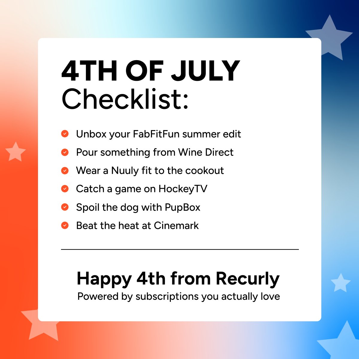 recurly's tweet photo. Happy 4th of July! 🇺🇸 Whether you're unboxing a FabFitFun edit, pouring a glass from Wine Direct, or spoiling the dog with PupBox, subscriptions are quietly powering the long weekend. 
Grateful to work with merchants building the experiences people actually look forward to. https://t.co/l7b2QLcX7n