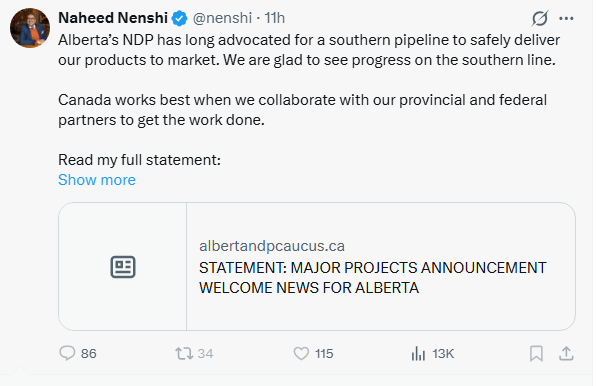 Martyupnorth's tweet photo. Naheed Nenshi and Avi Lewis better get their story straight.

Is an Alberta pipeline to tidewater good for the nation or not.

At least Avi is consistent, while Nenshi and the Alberta NDP are constantly flip-flopping. https://t.co/jpYx25yh9X