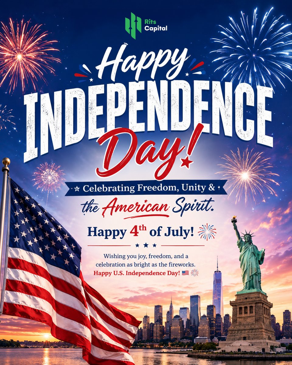 Ritscapital's tweet photo. Happy U.S. Independence Day! 🇺🇸 Celebrating freedom, unity, and the enduring spirit that inspires generations. Wishing everyone a joyful Fourth of July filled with pride, peace, and unforgettable celebrations. ✨ https://t.co/DA3SNA1LZY
