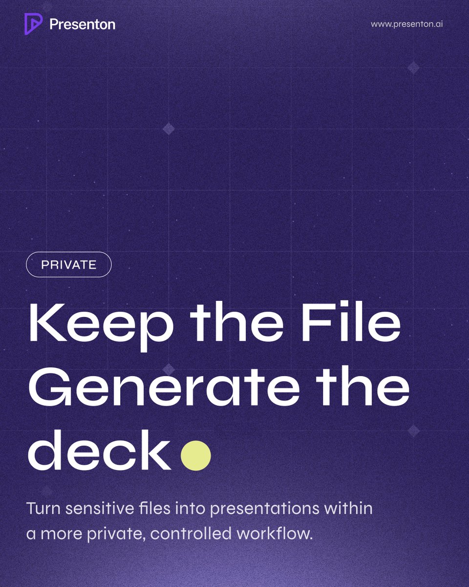 presentonai's tweet photo. Not every company file should leave your workspace just to become a presentation.

Presenton is built for teams that want AI deck generation inside their own setup.

Your files. Your workflow. Your deck.

#Presenton #LocalAI #OpenSource #AIPresentations https://t.co/FnXoCUJSV9