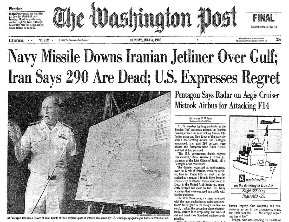 TheCradleMedia's tweet photo. Thirty-eight years later, US continues to evade accountability for attack on Iran Flight 655
——
On 3 July 1988, the US Navy guided-missile cruiser USS Vincennes penetrated Iranian territorial waters and shot down Iran Air Flight 655. The unprovoked surface-to-air missile strike obliterated the civilian Airbus A300 as it flew its routine commercial route toward Dubai, killing all 290 passengers and crew on board, including 66 children and 16 women.

While western media initially parroted the Pentagon's fabricated narrative of a defensive engagement against an attacking fighter jet, subsequent data confirmed the commercial airliner was ascending peacefully within its established civilian flight corridor.

Rather than facing a military tribunal for a catastrophic violation of international law, the commander of the US warship, Captain William C. Rogers III, was insulated from consequence by the state apparatus. Two years after the massacre, Rogers was awarded the prestigious Legion of Merit medal for his tour of duty.

To this day, the US government refuses to issue a formal apology or legally admit wrongdoing to Iran, opting instead to pay ex-gratia compensation in 1996 to shield itself from a formal judgment by the International Court of Justice.