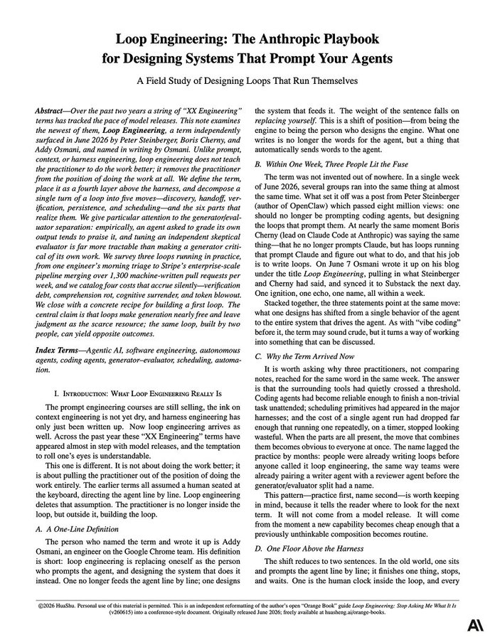 0xNoryxx's tweet photo. SENIOR ANTHROPIC ENGINEER MAKING $2.2M/YEAR DROPPED AN 11-PAGE PDF THAT COST HIM HIS JOB

you stop prompting the agent - you build the system that prompts it instead - and that one shift changes everything

Schedule → Discover → Build → Verify → Repeat 

five moves, one loop, runs forever without a human

Discovery: the agent finds its own work - failing CI, open issues, recent commits - nobody hands it a list

Verification: a second agent told to assume the code is broken reviews the first - the key insight is that an agent grading its own work always praises it

Persistence: results written to disk, never left in a context window that gets flushed - the loop never loses memory

Handoff: each task gets an isolated git worktree so parallel agents don't collide

11 pages that changed how agentic systems get built - and it cost him the job that paid $2.2M/year to know this