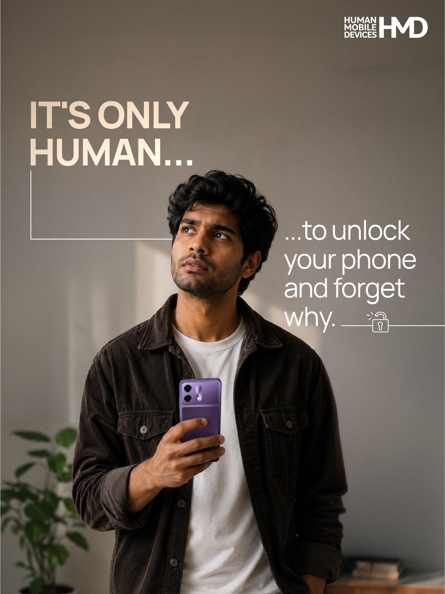 HMDdevicesIN's tweet photo. That moment when your phone is in your hand, but your thought has already left the chat.
#HMD #HMDIndia #ItsOnlyHuman #RelatableMoments #EverydayHumour
(HMD India, relatable phone moments, forgot why I opened my phone, everyday humour, phone habits, human moments, relatable social media content, daily life thoughts)
