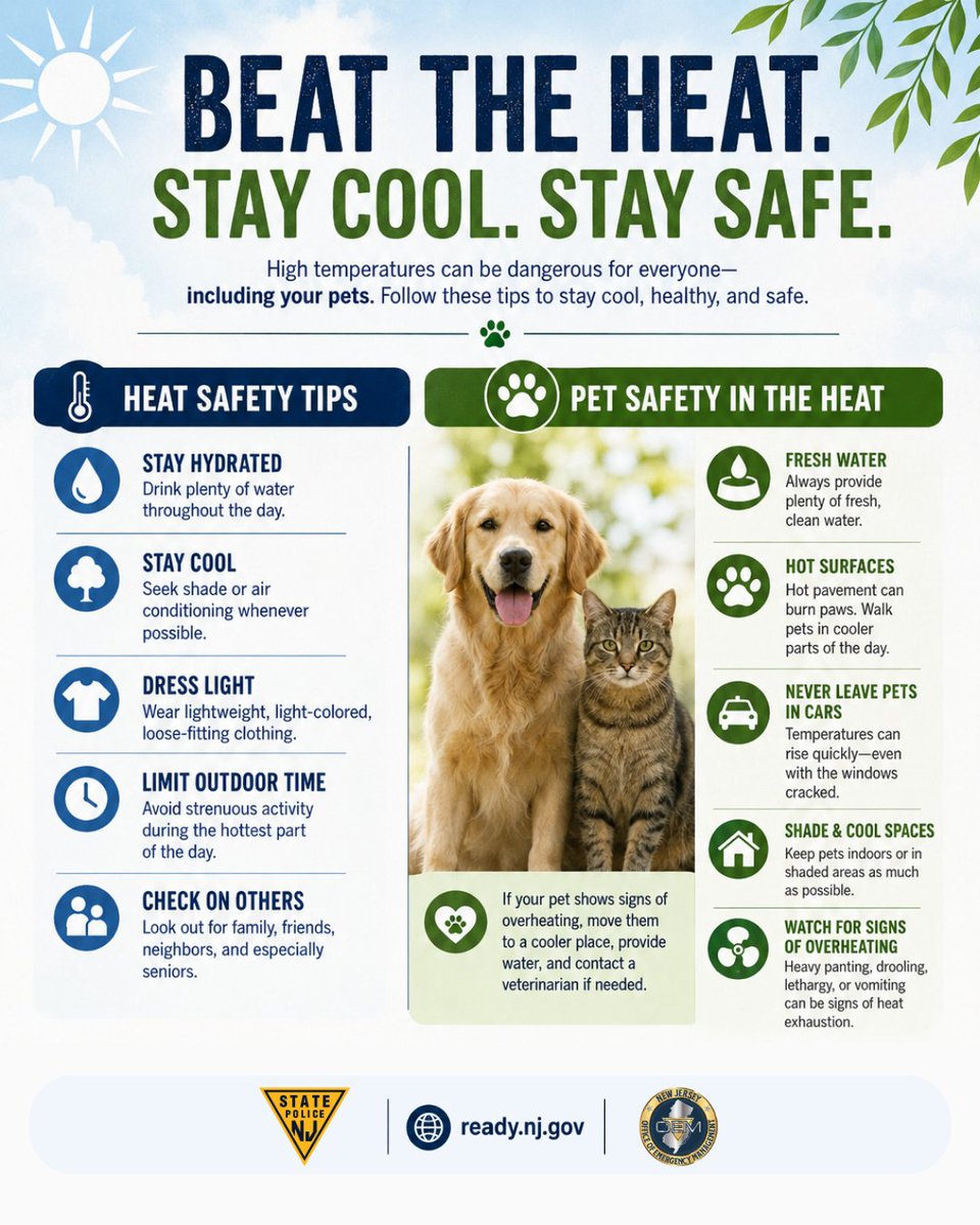 ReadyNJ's tweet photo. Keep your pets safe during extreme heat. Make sure they have plenty of fresh water, access to shade or air conditioning, avoid hot pavement, and never leave them in a parked vehicle. Learn more heat safety tips at https://t.co/j01XgnSC7V. #ReadyNJ https://t.co/pQ0fcp1ecG