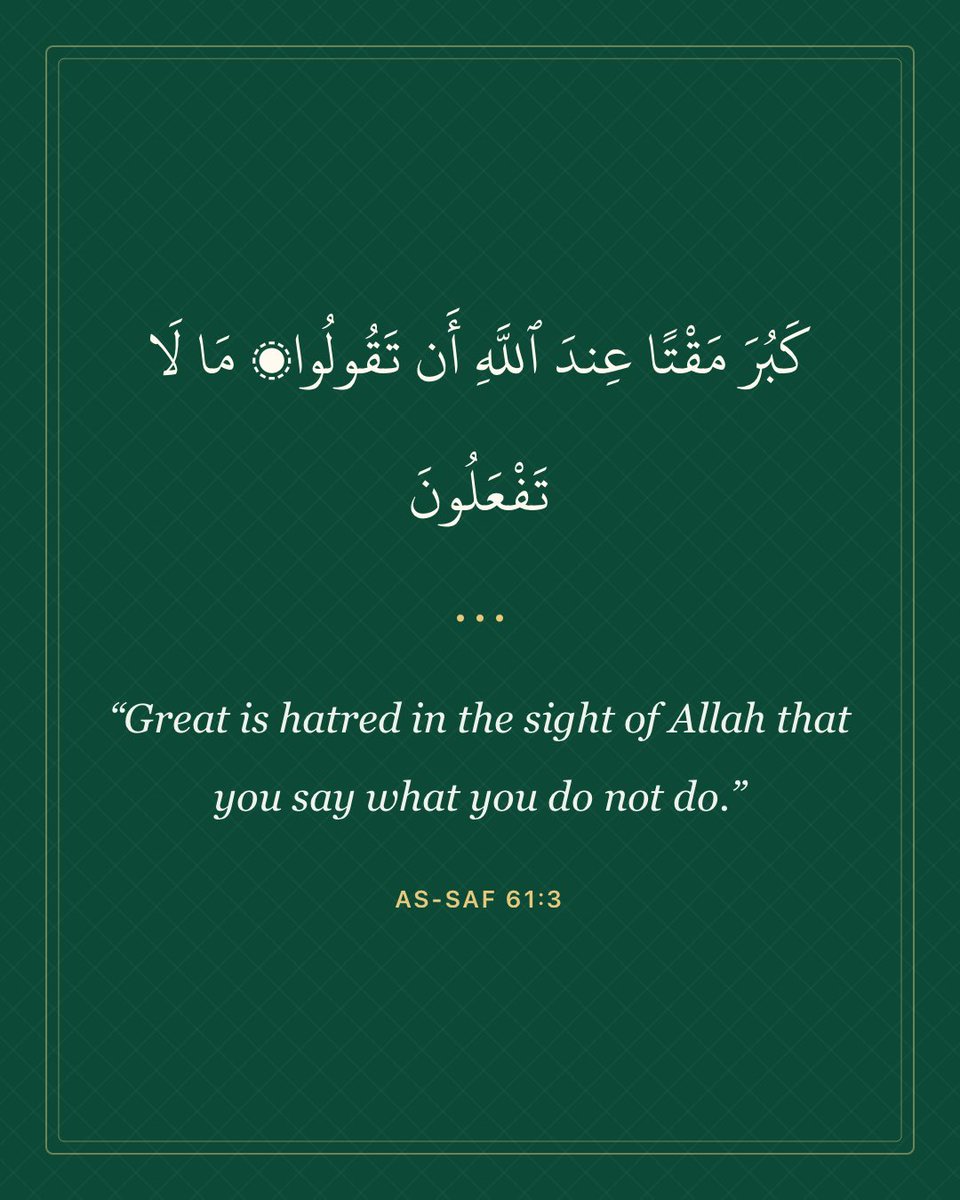 HudaCompanion's tweet photo. This ayah declares that it is most hateful in the sight of Allah that believers say what they do not do.

 The commentary explains this as a strong rebuke of those who fail to fulfill their promises and words. 

Scholars of the Salaf used this ayah to support the obligation of fulfilling one's promise, and it is connected to the Prophet's ﷺ warning that breaking a promise is a sign of hypocrisy.