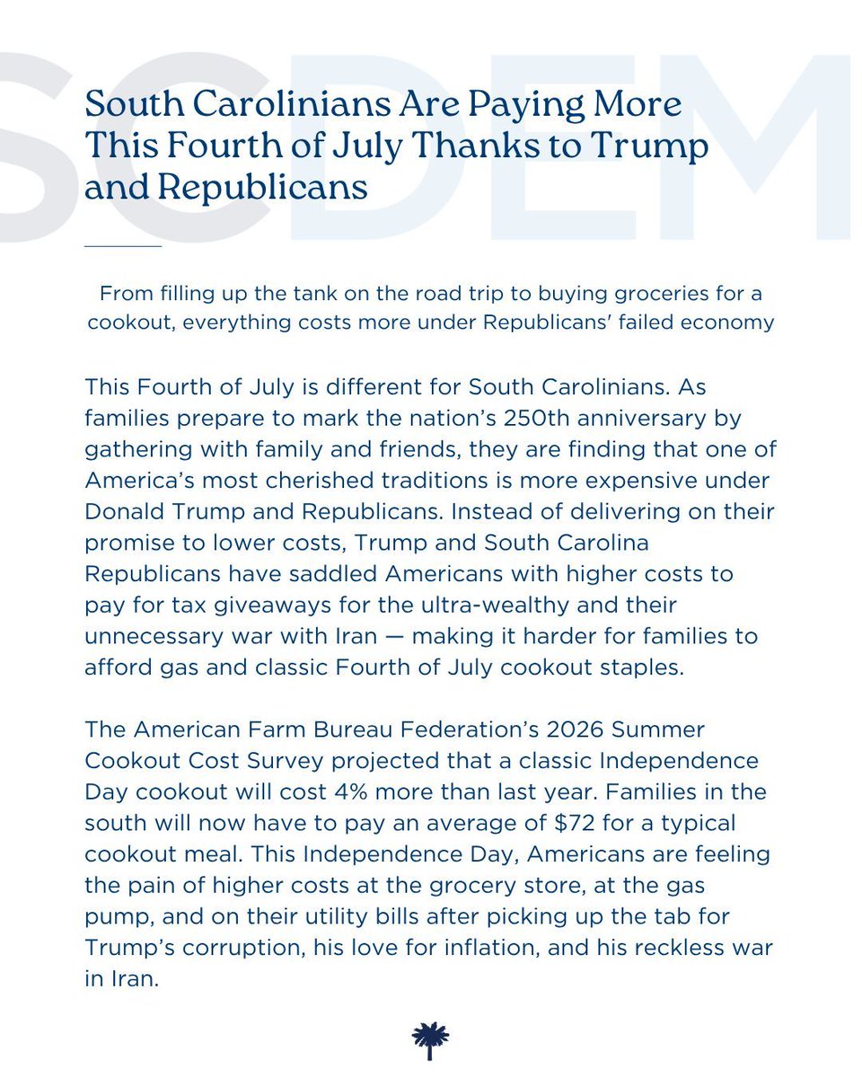 scdp's tweet photo. South Carolinians Are Paying More This Fourth of July Thanks to Trump and Republicans https://t.co/Wmq9Nhm313