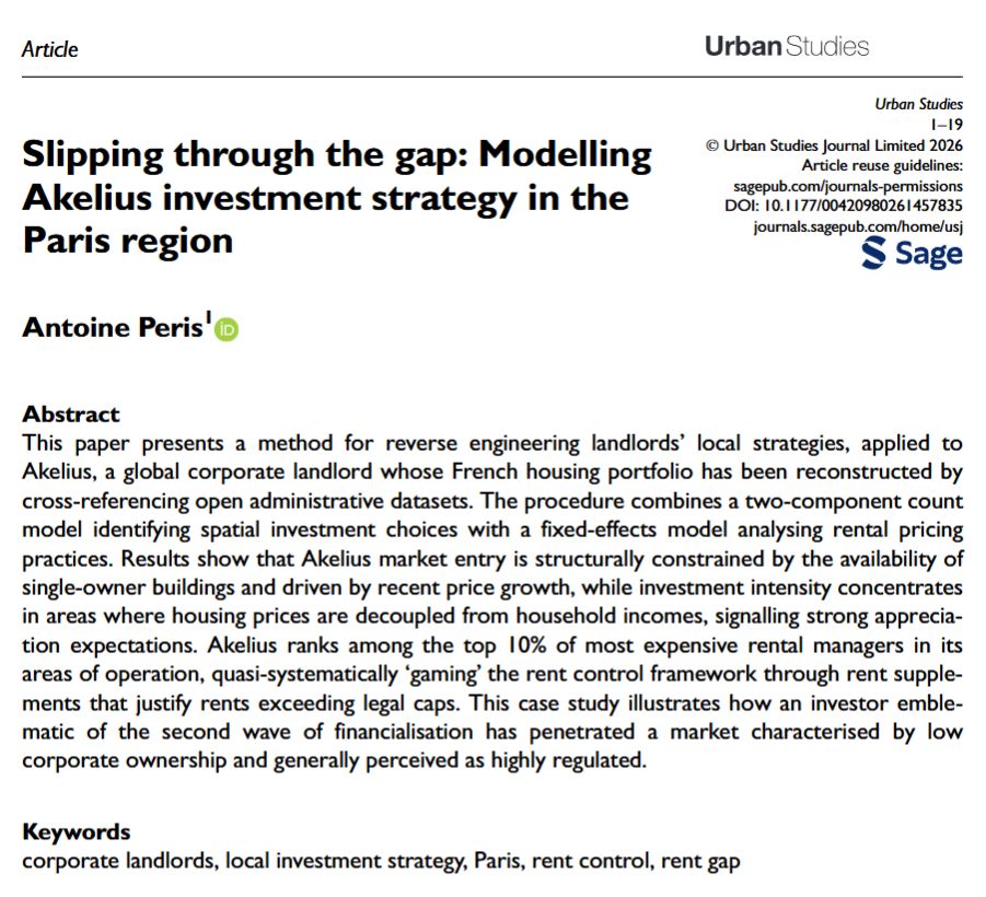 USJ_online's tweet photo. 🏙️ NEW in #UrbanStudies

✍️ Peris applies a method for reverse engineering landlords’ local strategies to #Akelius, a global corporate #landlord whose French #housing portfolio has been reconstructed by cross-referencing open administrative datasets. 

📖 https://t.co/rJlESwrnbt https://t.co/ToV6fINera