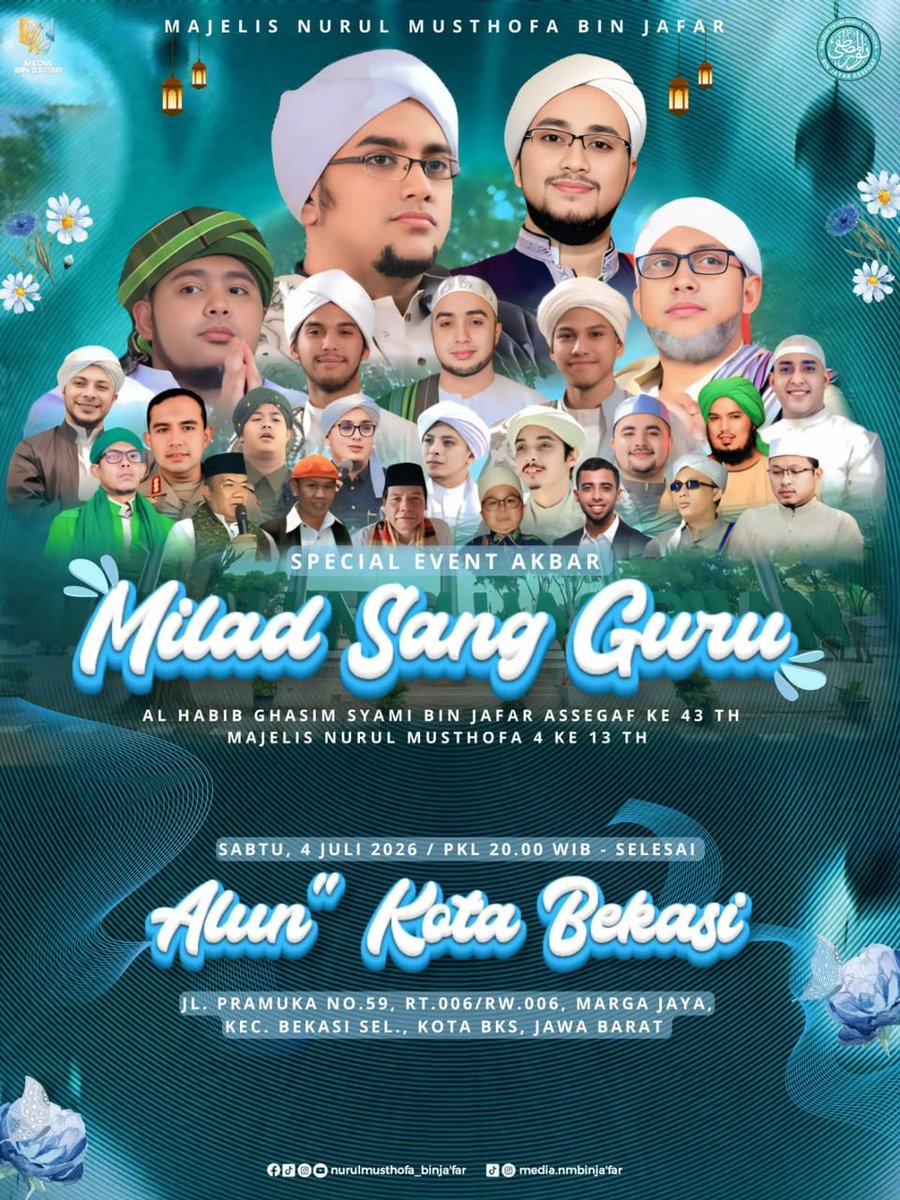 NmDepok's tweet photo. MILAD SANG GURU 
MILAD Ke 43 &amp; 13 NURUL MUSTHOFA 4 
Bersama NURUL MUSTHOFA BIN JA'FAR 

Tanggal : Sabtu , 04 Juli 2026 
Pukul : 20:00 wib selesai
Tempat : ALUN ALUN KOTA BEKASI 
Jln. Pramuka no 59 , marga jaya - kota bekasi 

#nurulmusthofa_original
#NurulMusthofaBinJa'far https://t.co/A49cpu2mmJ