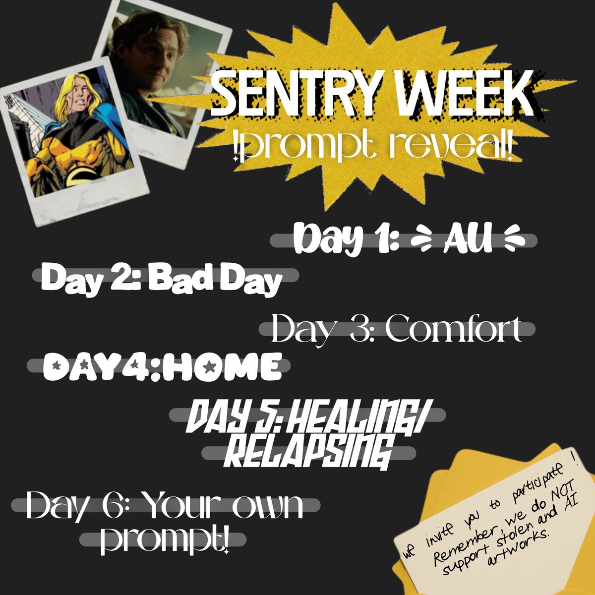 sentryweek's tweet photo. And finally we are glad to announce the prompts for SentryWeek!

Starting from the 27th of July, artists and writers of all skill levels are invited to create works for our beloved Sentry, inspired by these prompts! 

Tag us and use the #SENTRYWEEK26 hashtag to post your art! https://t.co/Q6S9rFtI36