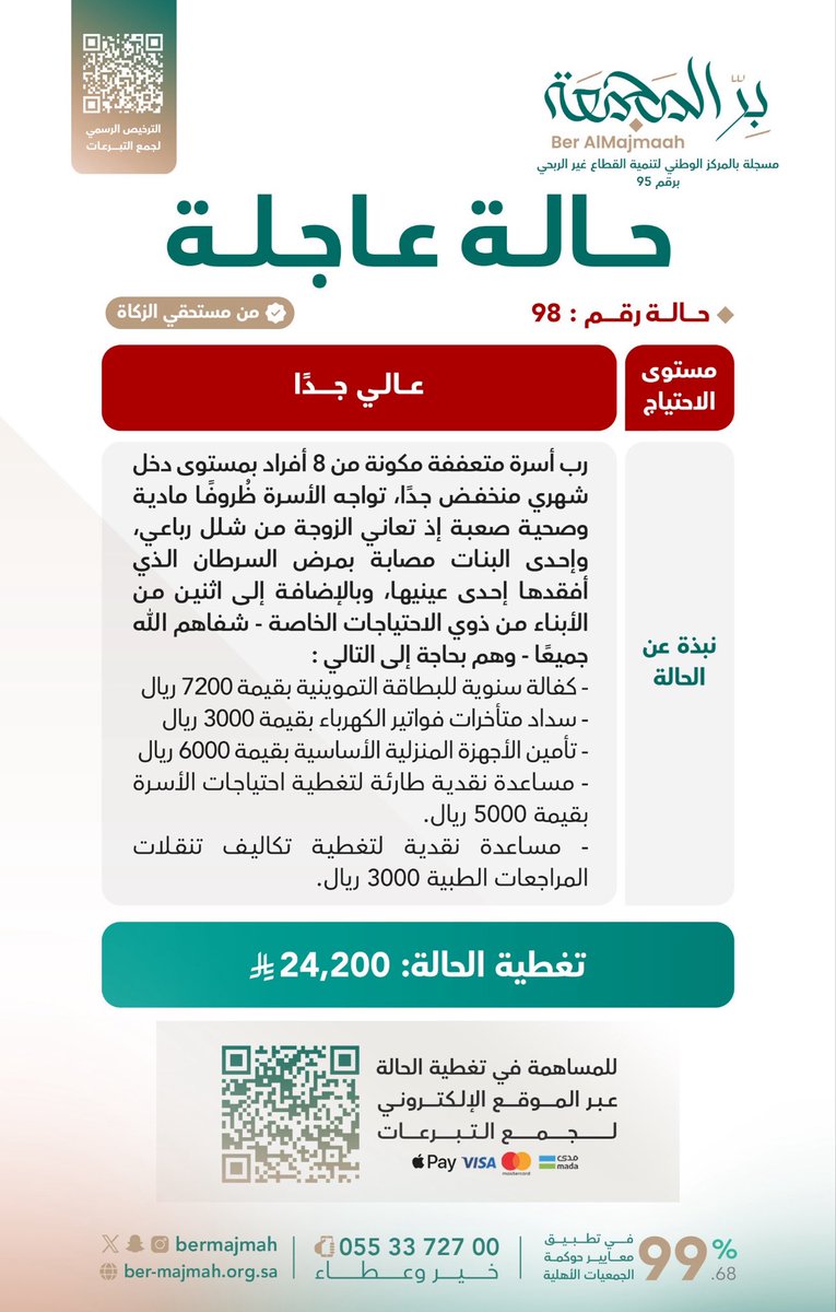 bermajmah's tweet photo. أب يعاني من ضيق المعيشة، وأُم أقعدها المرض، وابنة تقاوم السرطان، وأبناء من ذوي الاحتياجات الخاصة 

أسرة متعففة تواجه ظروفًا صحية ومعيشية صعبة، بحاجة إلى عطائكم ودعمكم 🤍🌱

📲• للتبرع السريع :
https://t.co/41NXiLaCnO

✅• ترخيص جمع التبرعات :
https://t.co/EbeurteLQt https://t.co/BOMiTxvhrY