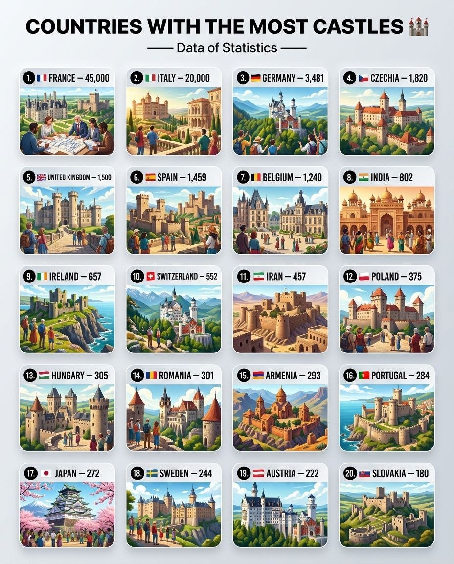 DataOfStats's tweet photo. Countries With The Most Castles 🏰

1. 🇫🇷 France — 45,000
2. 🇮🇹 Italy — 20,000
3. 🇩🇪 Germany — 3,481
4. 🇨🇿 Czechia — 1,820
5. 🇬🇧 United Kingdom — 1,500
6. 🇪🇸 Spain — 1,459
7. 🇧🇪 Belgium — 1,240
8. 🇮🇳 India — 802
9. 🇮🇪 Ireland — 657
10. 🇨🇭 Switzerland — 552
11. 🇮🇷 Iran — 457
12. 🇵🇱 Poland — 375
13. 🇭🇺 Hungary — 305
14. 🇷🇴 Romania — 301
15. 🇦🇲 Armenia — 293
16. 🇵🇹 Portugal — 284
17. 🇯🇵 Japan — 272
18. 🇸🇪 Sweden — 244
19. 🇦🇹 Austria — 222
20. 🇸🇰 Slovakia — 180

📊 Source: World Population Review.