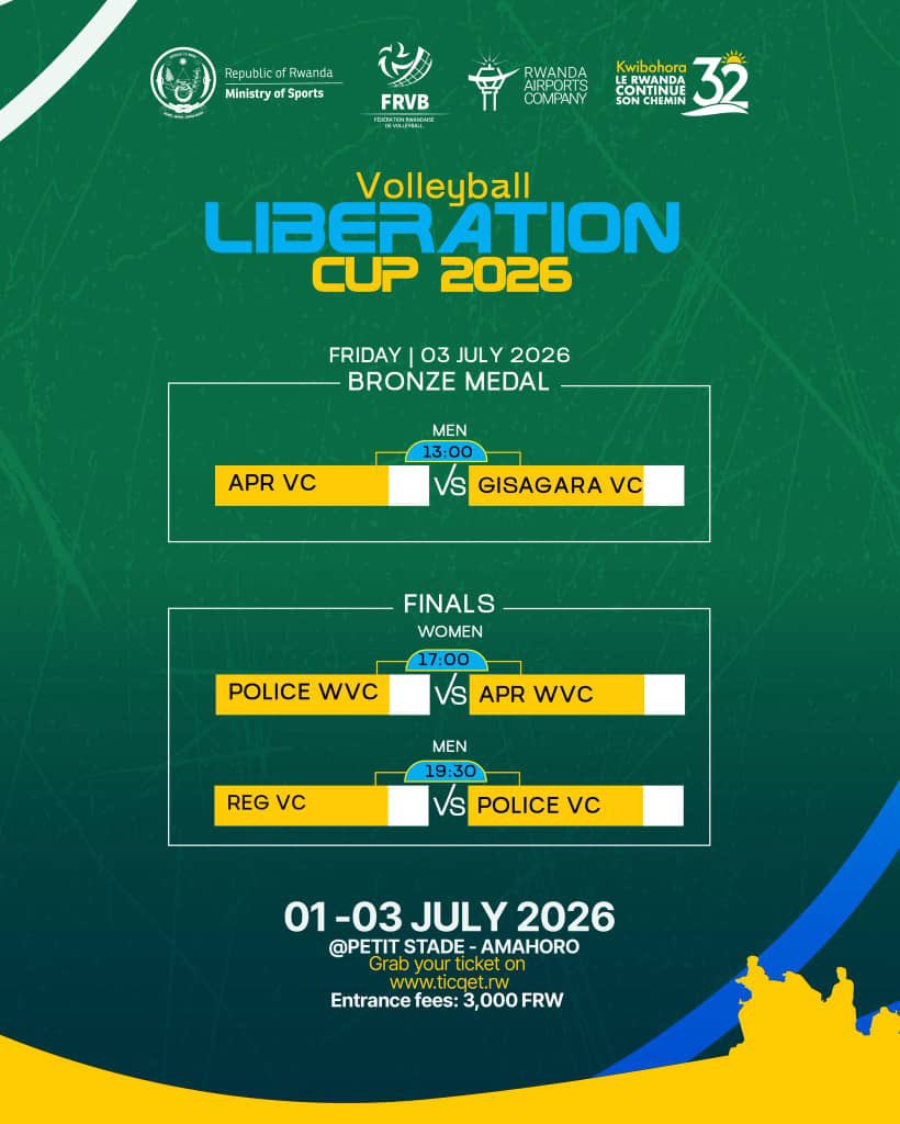 kigalitoday's tweet photo. #KTSports
AKA KANYA:
Muri aya masaha muri Petit Stade Amahoro I Remera hari gukinwa umukino w'umwanya wa gatatu mu irushanwa ryo kwizihiza Umunsi wo Kwibohora #LiberationCup muri Volleyball mu maseti atatu amaze gukinwa ikipe ya Gisagara VC imaze gutsinda APR VC amaseti 2-1 (26-28, 25-15, 31-29.
Nyuma y'uyu mukino, harikinwa imikino ya nyuma aho mu bagore biteganyijwe ko Saa Kumi n'Imwe z'umugoroba Police WVC ikina na APR WVC naho mu bagabo Saa Moya n'Igice REG VC igakina na Police VC.
Kureba iyi mikino ni ibihumbi 3000 Frw.