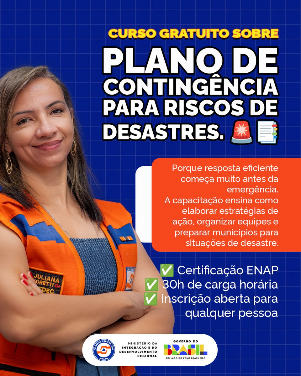 defesacivilbr's tweet photo. Capacitações ajudam estados, municípios e comunidades a desenvolver estratégias de prevenção, resposta e recuperação diante de desastres.
E quando o assunto é Plano de Contingência, planejamento faz toda a diferença para agir com rapidez, organização e segurança nos momentos mais críticos.
📚 Curso gratuito 📑 Certificação ENAP ⏱️ 30h de carga horária 👥 Aberto ao público