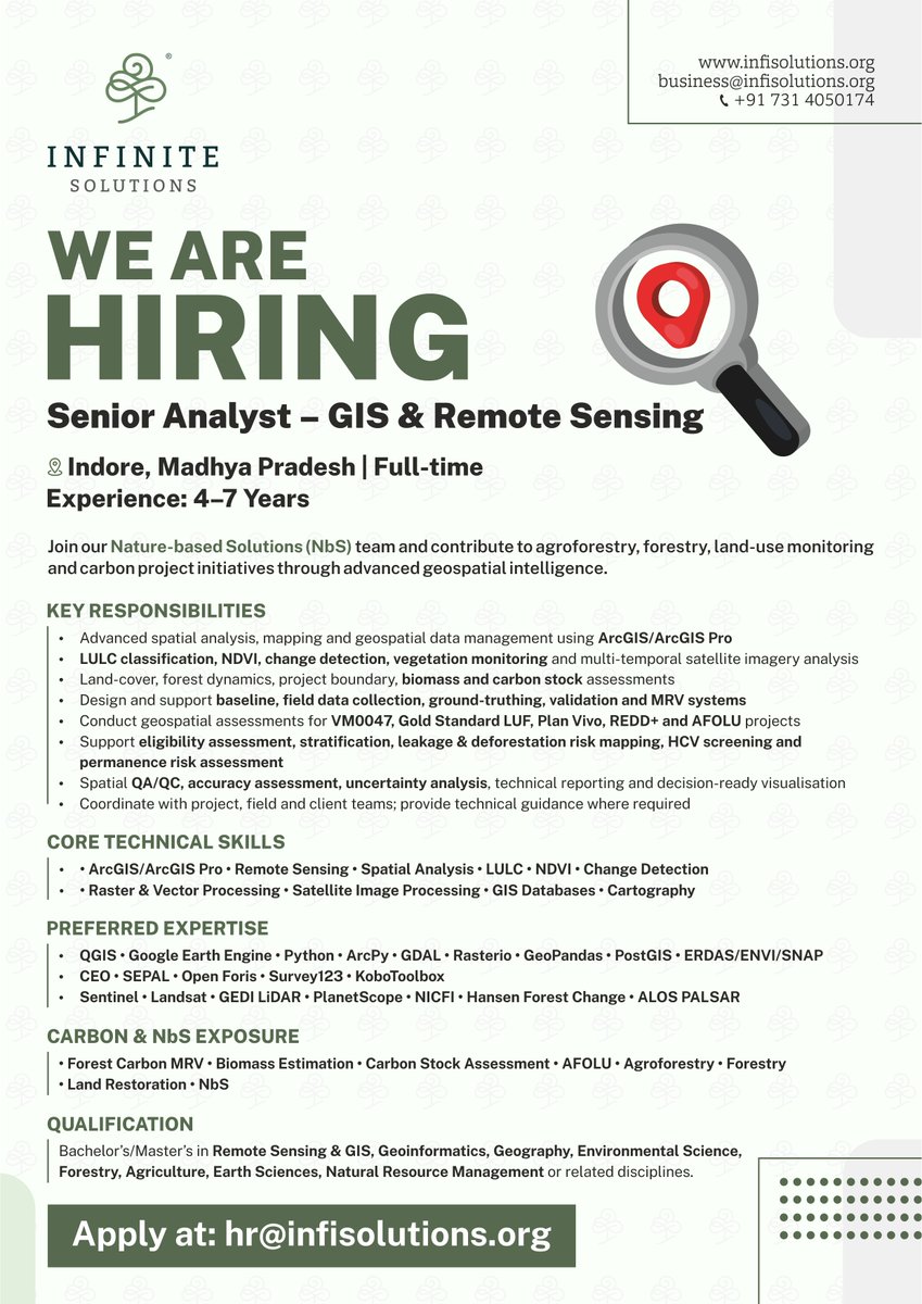 infi_sol's tweet photo. 🌍 We're hiring a Senior Analyst – GIS & Remote Sensing!
📍 Indore | 4–7 Years
GIS, Remote Sensing & Carbon Projects.
📩 hr@infisolutions.org
Tag or share!
#InfiniteSolution #Hiring #GISJobs #ArcGIS https://t.co/0OdWIeTihW