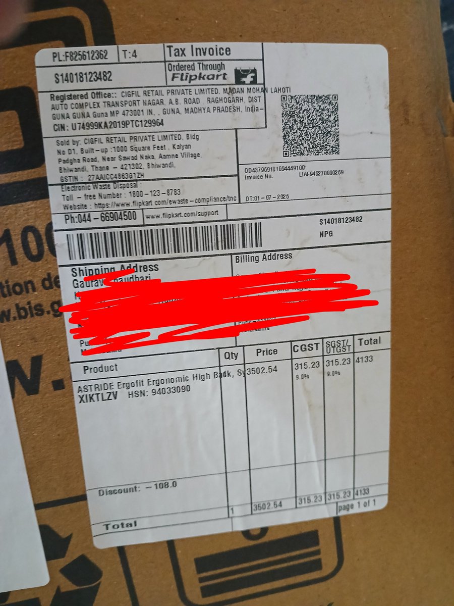 mrudulite's tweet photo. Dear @Flipkart @FlipkartSupport @Kalyan_K @BadriHemant @rajneeeshkumar, I found a major discrepancy in my order. I was charged ₹5,306 (GT shown: ₹1,158), but the invoice issued is only ₹4,133. Is this a case of tax evasion? @GST_Council #Flipkart #GST #ConsumerRights https://t.co/653EliikNz