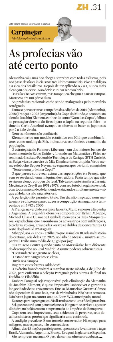 CARPINEJAR's tweet photo. AZARÕES E CONSERVADORISMO
“A tradição prevalece. É um torneio conservador. Há espaço para milagres, mas esparsos, não consecutivos. Afinal, das 48 nações participantes, apenas sete levantaram a taça: Brasil, Alemanha, Argentina, França, Uruguai, Inglaterra e Espanha.”
Minha coluna de hoje no jornal Zero Hora, @gzhdigital 
https://t.co/lwPfniVLxY