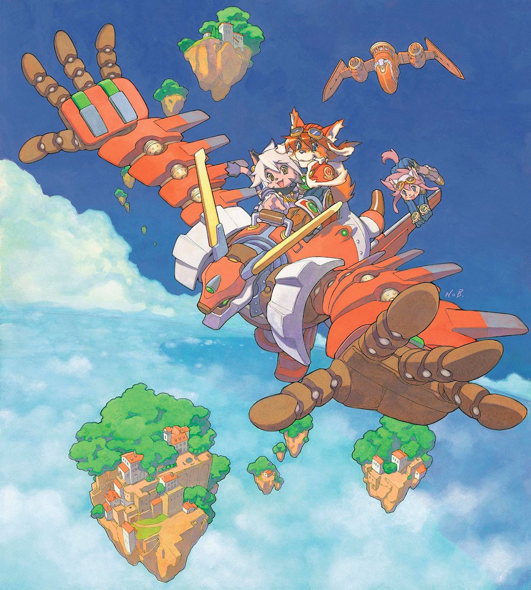 creativeuncut's tweet photo. Elh Melizée &amp; Red Savarin, Trance Dahak, and Trance Dahak Mk2 from Solatorobo: Red the Hunter by artist Nobuteru Yuki. 

More art from the game: https://t.co/oHgvy2ln7o https://t.co/DdyBYVPQAY