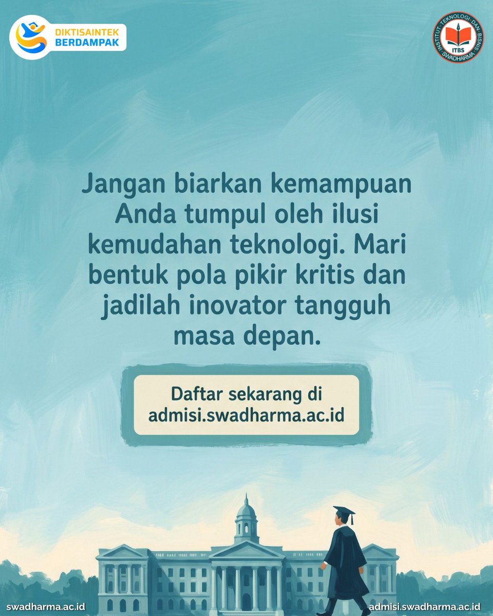 itb_swadharma's tweet photo. AI itu asisten andalan, bukan pengganti otak! 🧠 Jangan biarkan kemampuan analitismu menyusut gara-gara keseringan bergantung pada mesin untuk berpikir.
Persiapkan masa depanmu dari sekarang dan daftar di https://t.co/cLedl1i2HA! 🌟
#AIHanyaAsisten #ChatGPT #KecerdasanBuatan #AI https://t.co/8HJSIN3ZfE