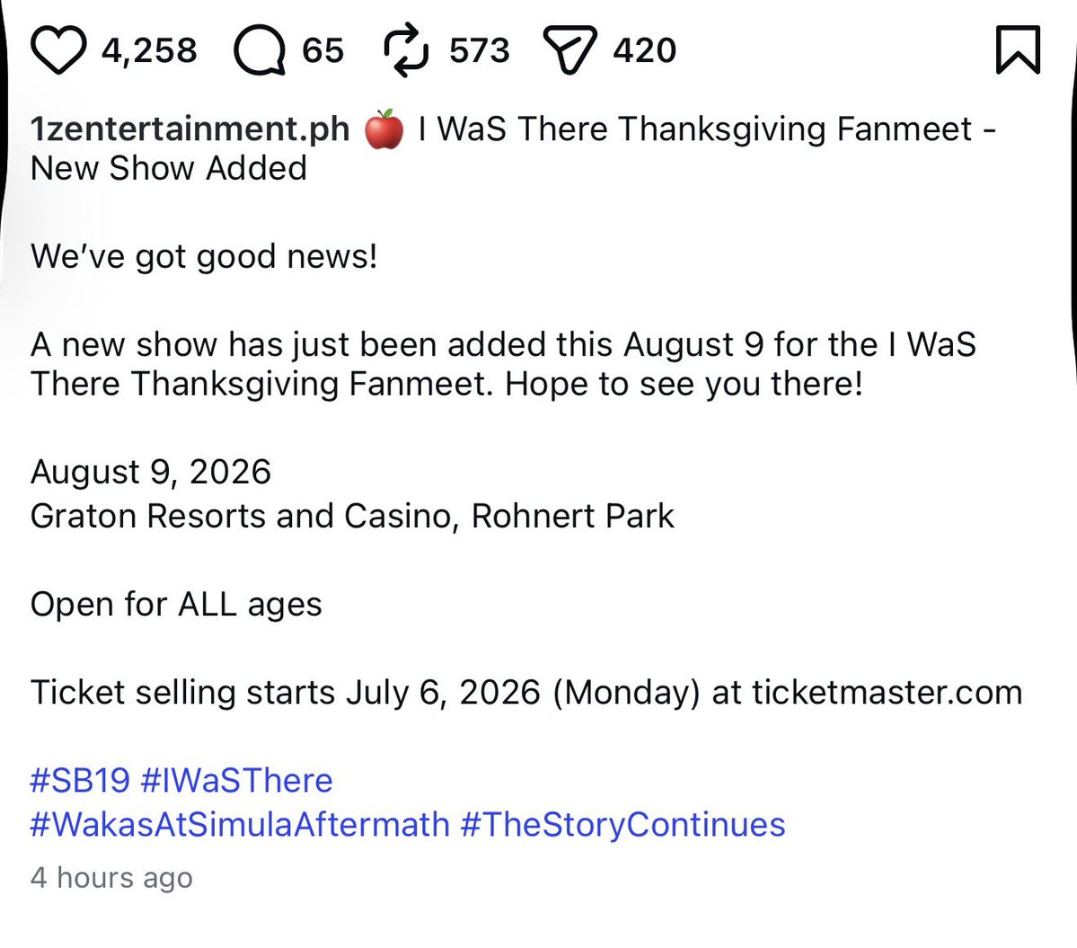 TouringAsiaPop's tweet photo. Due to demand, 1Z Entertainment added another SB19 show for their upcoming SB19 I WAS THERE THANKSGIVING Fanmeet.

The next show is at the Graton Resorts and Casino in Rohnert Park for August 9.

Tickets on sale July 6 at Ticketmaster.

@SB19Official 

#SB19 #IWASTHERE https://t.co/fBEhhMt2Ek