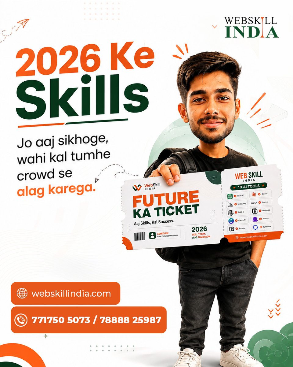 webskillindia's tweet photo. Kal ki opportunities unhi ke paas hongi jo aaj skills par invest kar rahe hain. Future-ready banna hai?   

High-demand skills aaj se seekho.💡Skills hi tumhari real identity hain.

📷 DM "SKILLS".  

#FutureSkills #CareerGrowth #AI #Learning #WebSkillIndia #DigitalSkills https://t.co/uGr2mghRB7