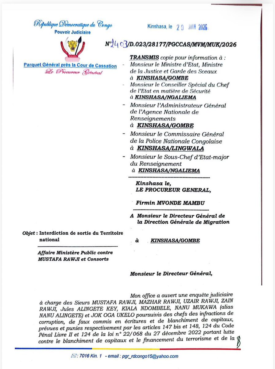 QueDieuBenisse's tweet photo. 🚨 Le Parquet Général ordonne l'interdiction de sortie du territoire pour Mustafa Rawji et Jules Alingeti, et nous avions raison depuis le début : @ALINGETEJULES_K a profité de son poste d'Inspecteur Général des Finances @IgfRdc pour organiser, via le cabinet DACO géré par sa propre épouse, une fraude fiscale de plusieurs millions de dollars en complicité avec le groupe Rawji ; à l'époque, nos révélations étaient accueillies avec incrédulité, mais aujourd'hui, la justice confirme officiellement nos dires, et il est désormais prouvé que cet homme et son cabinet ont vidé les caisses de l'État à leur seul profit. 🇨🇩⚖️