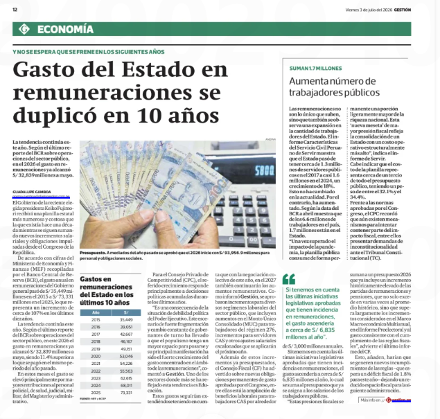 PabloMoreyraAlm's tweet photo. El gasto del Estado en remuneraciones se duplicó en 10 años y ya llegó a S/32,839 millones solo hasta mayo de 2026 (BCR). En paralelo, la planilla pública sumó 1.7 millones de trabajadores.

Esto no es "más Estado", es más planilla sin rediseño institucional. Cada sol adicional en remuneraciones sin fusión de ministerios duplicados, sin meritocracia real bajo la Ley 30057, y sin digitalización de procesos, es gasto corriente que compite con inversión pública.

La pregunta no es cuánto gastamos en el Estado, sino en qué estructura. Por eso una reforma que reduzca de 19 a 13 ministerios no es un recorte simbólico: es la única forma de que el crecimiento de la planilla se traduzca en más capacidad de gestión, no en más burocracia.