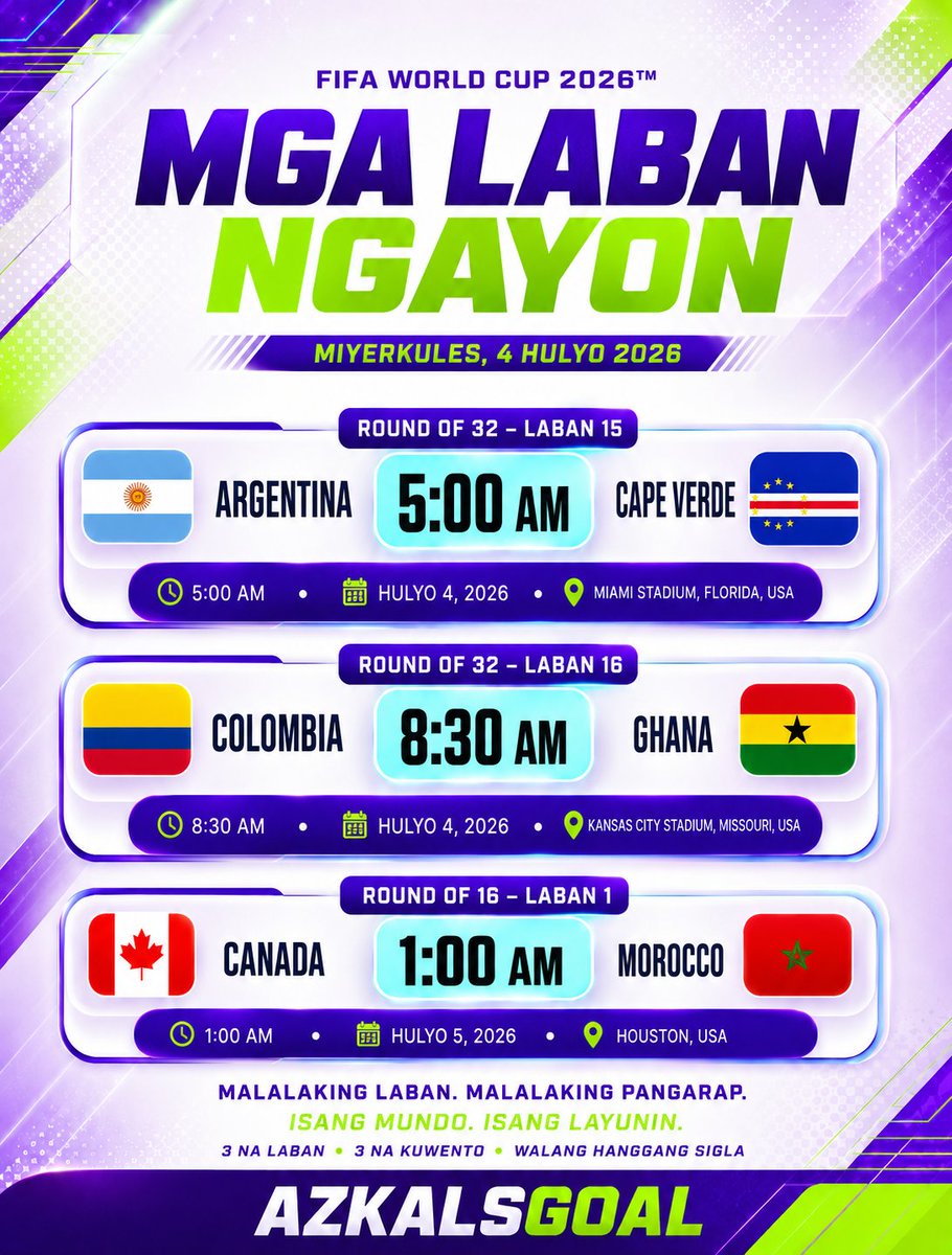 AzkalsGoal's tweet photo. ⚽ Isa na namang araw ng matitinding laban! Handa ka na bang suportahan ang paborito mong koponan hanggang sa huling sipol? 🌍🔥
#fifaworldcup2026 #matchday #knockoutstage #football #soccer https://t.co/vEvfcPMdXE