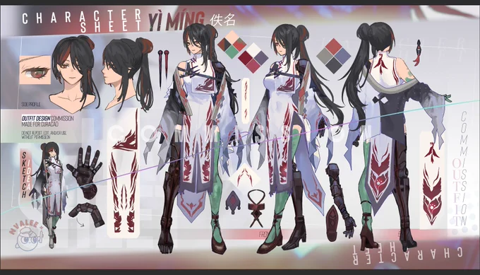 Character design for Curacao This is Yì Míng, a hunter from a techno-fantasy setting. Parts of her limbs are infected and afflicted with Jade, and she has prosthetics for one arm and both legs. Her whole design leans into a crow motif, carried through red-and-white theme 𓅨