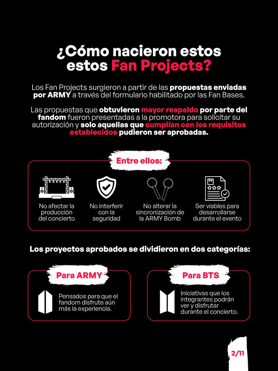 btsarmycol_'s tweet photo. 🧵 | 🇨🇴💬 Después del Live, reunimos toda la información sobre la ejecución y la logística de los Fan Projects para los conciertos de BTS en Colombia.

En esta primera parte encontrarás:
• Cómo nacieron los Fan Projects.
• Cómo fue su proceso de revisión.
• Qué proyectos se desarrollarán.
• Cómo se realizará cada uno durante los conciertos.

⬇️